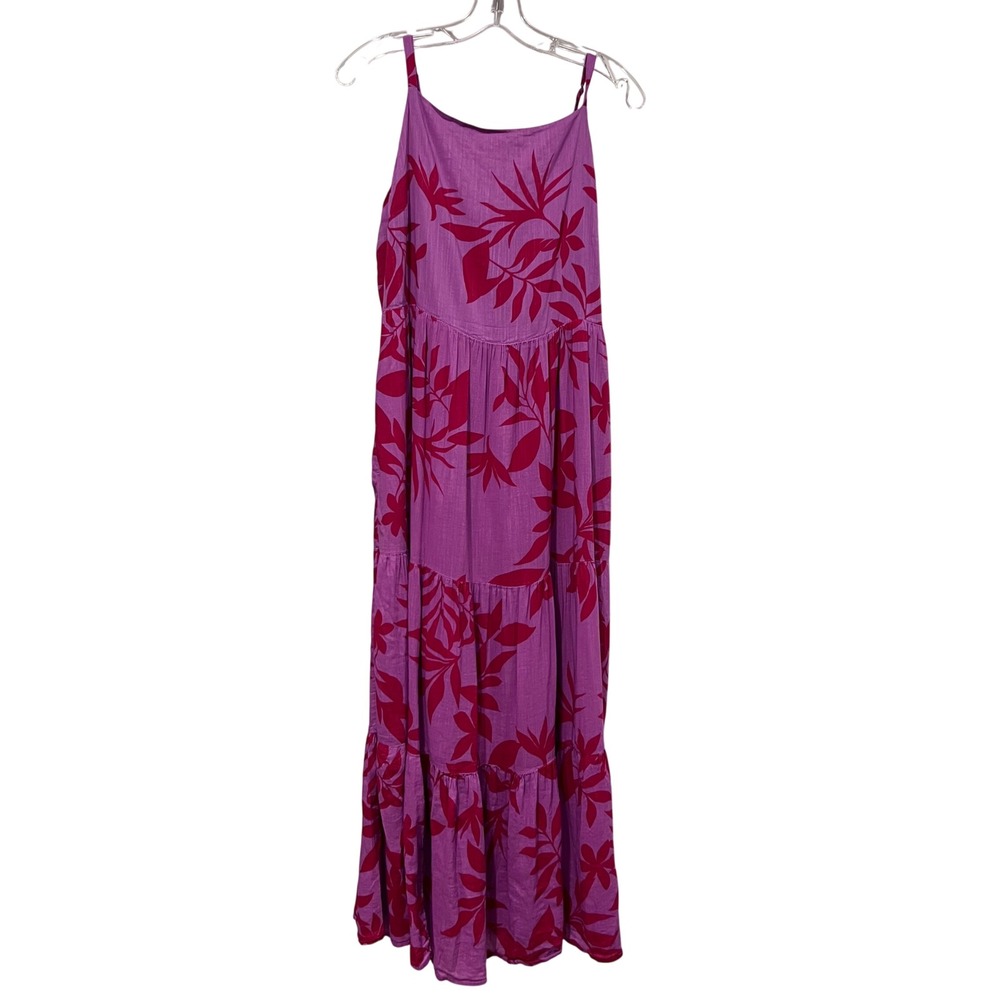 Old Navy Womens Large Purple Red Tropical Leaf Tiered Maxi Dress Smocked Back